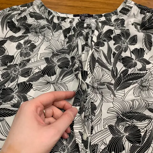 NYDJ Women's XL Floral Print Blouse 3/4 Sleeve Button Front Black White Workwear