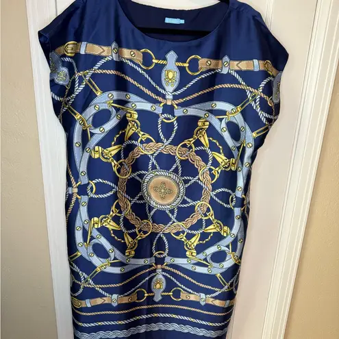 J. McLaughlin Althea Blue Equestrian Print
Boatneck Shift Dress XL Cap Sleeve