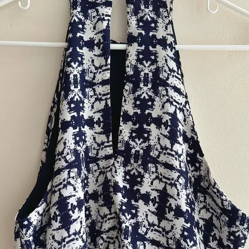 One Clothing Blue and White Print Dress with High Neck & Cinched Waist, Size S-M