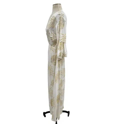 Tiare Hawaii Maxi Dress Kimono Sleeve Palm Print White Beige One Size