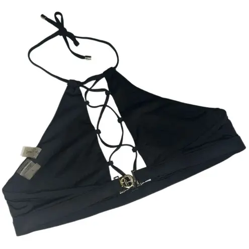 Beach Bunny Black Reese High Neck Halter Strappy Front Bikini Top Size Medium