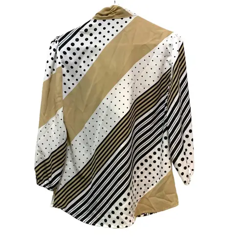 Pacific&Co NY & 7th ave tan white black stripe polka dot eclectic tie blouse 3/4 sleeve