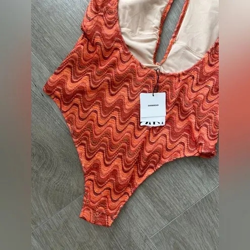 ZARA  NWT Retro Wavy Print Halter One Piece Swimsuit Large Boho Keyhole Plunge