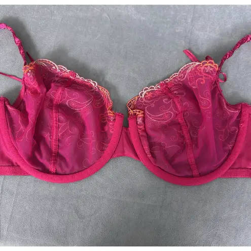Cacique Bra Size 40D Unlined Sheer Mesh Dark Pink Bows Embroidery Underwire