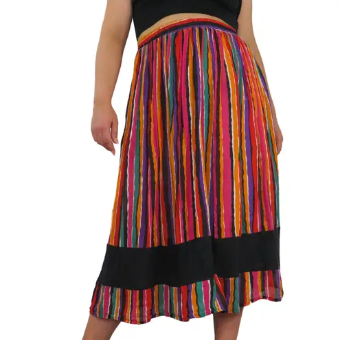 1980s Vintage Rainbow Striped High Rise Midi Skirt Medium 28" Retro Colorful Pink