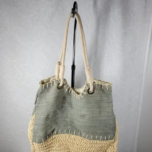 Sun n Sand Woven Tote 18"x17" Large Gray Tan Beach Pool Shoulder Bag Summer Gray
