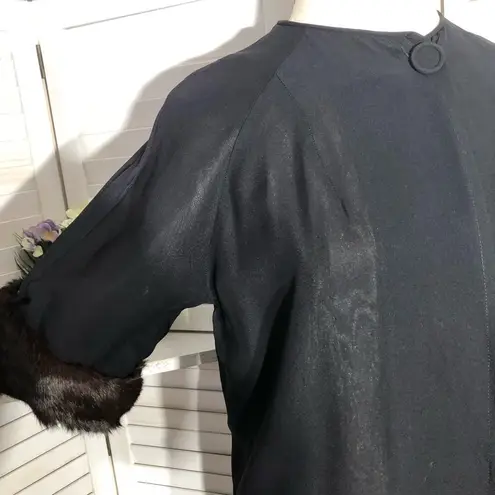 Vintage 50s 60s Black Long Coat Fur Cuffs 3/4 Sleeves XL