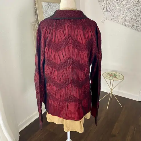 Coldwater Creek Whimsygoth Romantic Burgundy Black Crinkle Frilly Ruffle Button Up Mesh Blouse L - Image 5