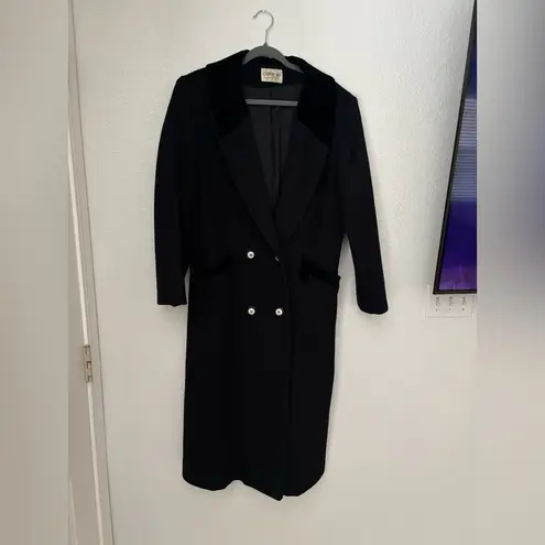 Vintage Cathy Jo Black Wool Coat L/XL Made in USA | Velvet Lapel Longline