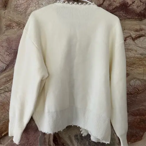 Commense Pearl Trim Ripped Hem Cardigan size large White