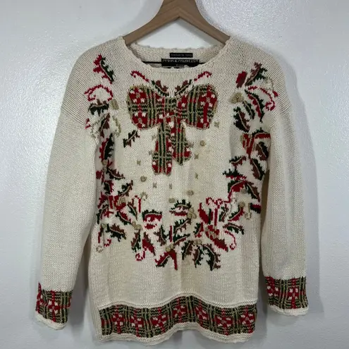Vtg. 80s Curio & Company Hand Knit Christmas Sweater Bow Garland Metallic Ramie Red