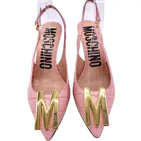 Moschino  Couture Croc Embossed Leather M Slingback Pointed Heels Pink Gold 38.5