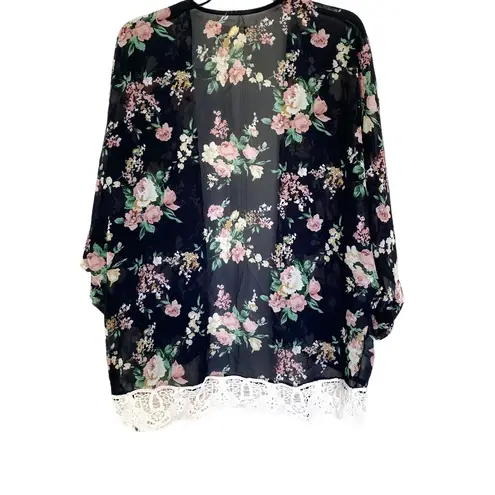 Rachel & Chloe Navy Blue White Floral Fringe Bohemian lace Kimono Size Large