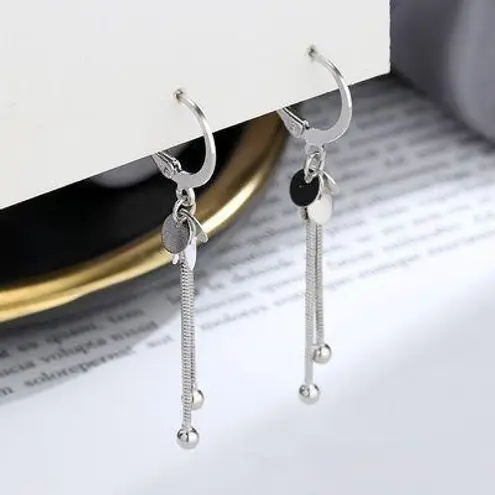 925 Silver Plated Round Disc Tassel Dangle Drop Hoop Earrings for Women