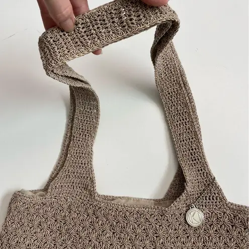 Kathy Ireland Vintage Purse Crocheted Sack Bag Tote Boho Neutral Taupe Y2K