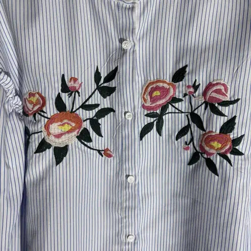 Sugar Lips Long Puff Sleeve Embroidered White with Stripe Button Down Shirt M Size M