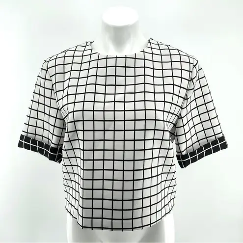 English Factory  Women’s White Black Grid Rolled Short Sleeve Boxy Top Large