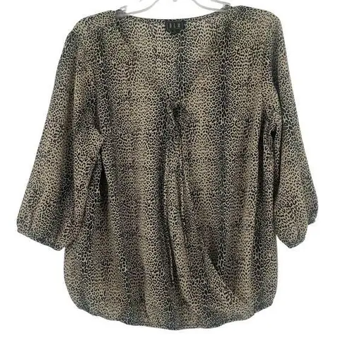 OLM Leopard Blouson Womens Top Sz 1X Peasant Cheetah Tie Neck Cross Over V