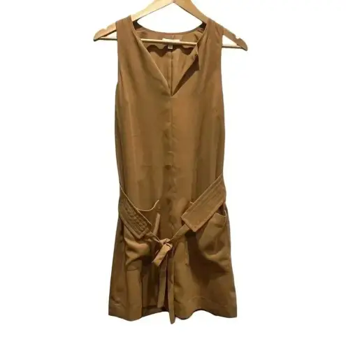 Joie  Puck Tie Waist Lined Keyhole Crepe Mini Dress in Oak‎ Size S