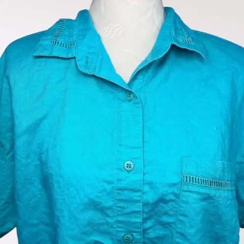 Vintage 90s Blue Button Up Shirt Eyelet Trim Boxy Fit Top Small