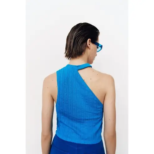 ZARA NWT  womens Size L cut out one shoulder cable knit Blue crop top