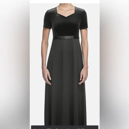 Vintage 90s Black Empire Waist Maxi Dress Velvet w Sheer Glitter Floral Skirt 26