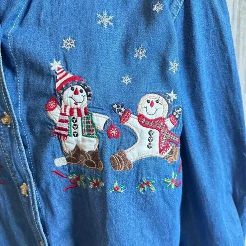 Vintage Snowman Denim Shirt large Embroidered Holiday Button