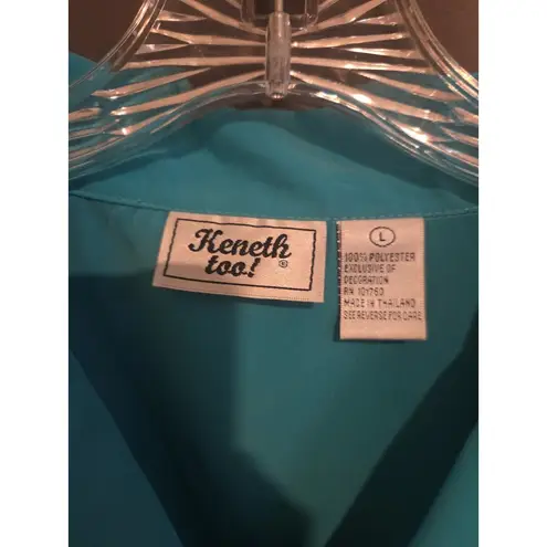 Keneth Too! Women's Blue Green Embroidered Beaded Top Blouse Jacket, Size Large