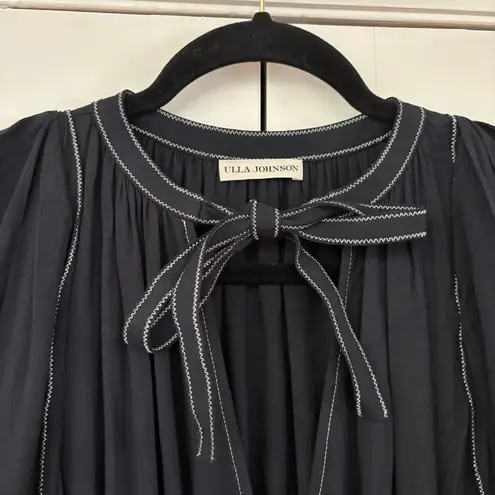 Ulla Johnson Leah Dress Noir Black Midi Puff Sleeve Contrast Trim Size 10 Tie