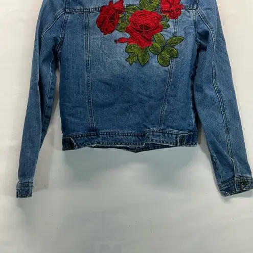 Highway Jeans HIGHWAY JEANS DISTRESSED DENIM JACKET SZ S WITH EMBROIDERED ROSES FRONT/BACK