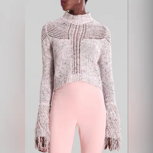 Cushnie Mock Neck Open Knit Fringe Cropped Sweater Runway Pink Size M