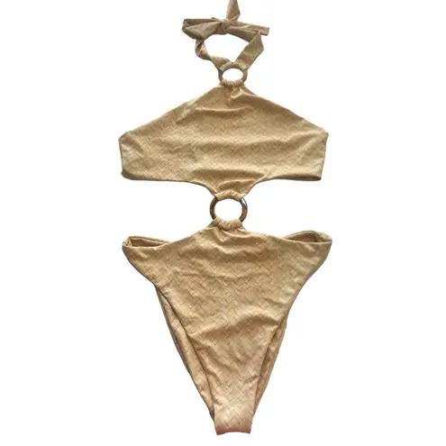 SAME LOS ANGELES Medium Olivia One Piece Swimsuit in Basket Weave Cutout Halter Tan