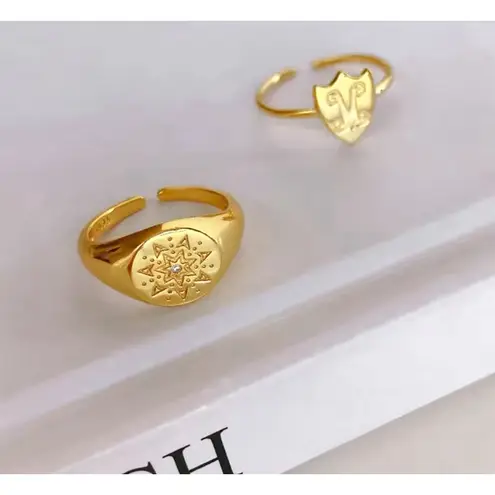 Boutique Unisex Yellow Gold Plated Sterling Pave Diamond Sun‎ Signet Ring, Adjustable