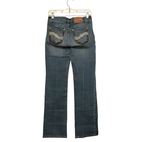 Cowgirl Up Embroidered Low Rise Bootcut Jeans Size 4/28 Blue Leather Rhinestone