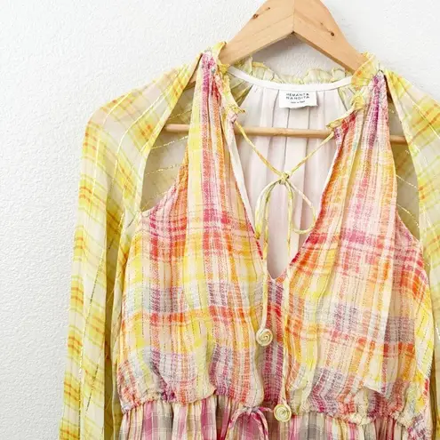 HEMANT AND NANDITA | Thick & Thin Striped Plaid Dress Yellow Pink Orange | Small