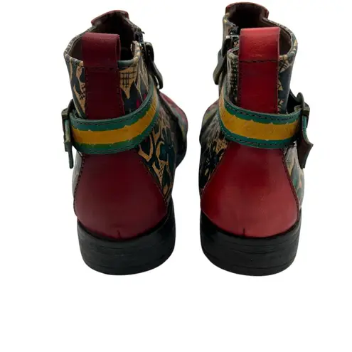Socofy Womens Size 39 US 8 Artsy Leather Ankle Boots Multicolor Boho Chic Hippie Red
