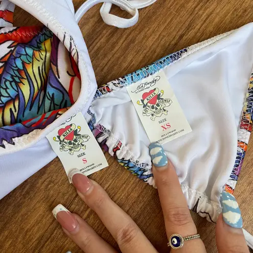 Ed Hardy Vintage Y2K Rare White Blue Dragon String Triangle Edgy Bikini Set