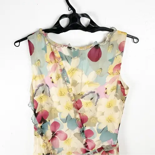 Sundance 100% Silk Floral Ruffle Trim Detail V-Neck Lined Dress Size 6