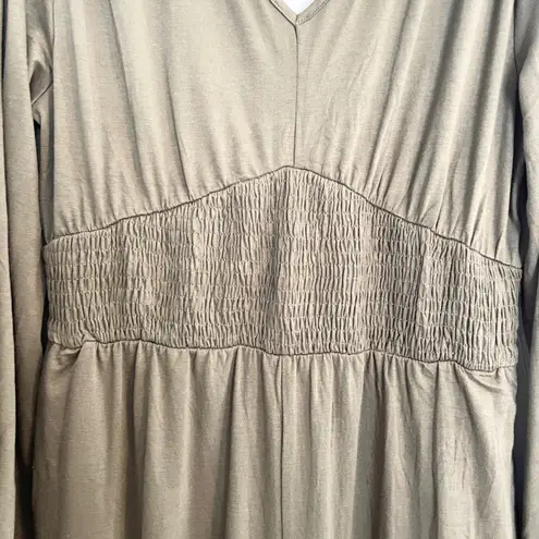 Long Sleeve Jumpsuit Smocked Waist V Neck Olive Green Casual Size M Cozy Boho Size M