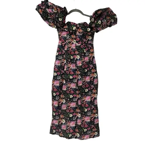 Elliatt  MAVIS LINEN MIDI DRESS XS FLORAL PRINT GARDEN DREAMS OFF THE SHOULDER