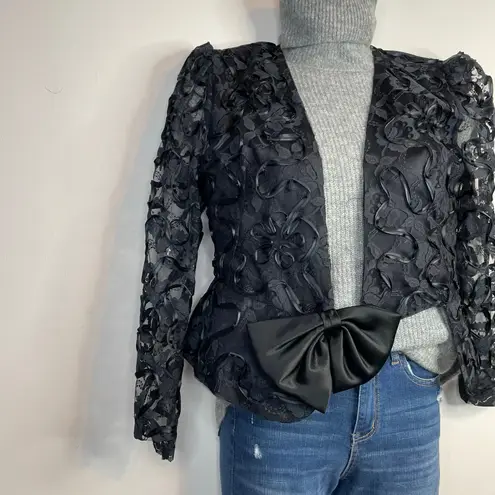 Vintage Patra Black Lace Ribbon Soutache Mesh Fitted Jacket Puff Shoulders Bow 6