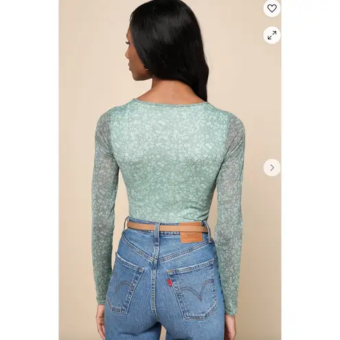 Lulus Bodysuit Womens Medium Green Major Aesthetic Sage Green Ditsy Floral Mesh