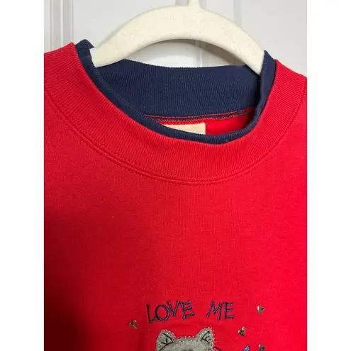 Vintage LOVE ME LOVE MY CAT Medium Red Sweatshirt Dual Collar - Image 4