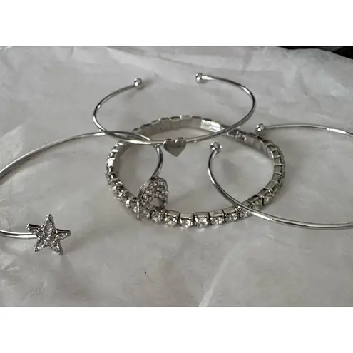 Boutique Silver Bangle Bracelet Set Crystal Star Moon Heart Charm Stackable Jewelry