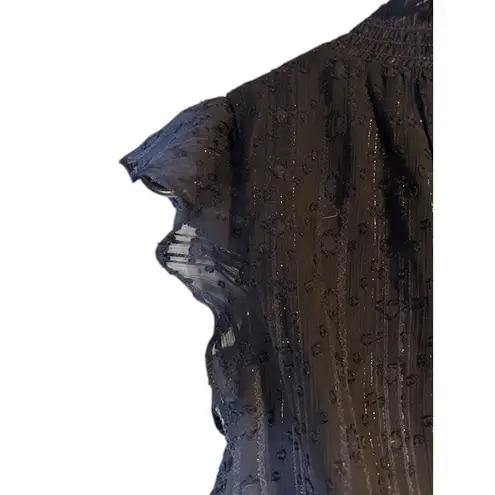 BCX Dress Navy Blue Metallic Mock Neck Flutter Short Sleeve Dress Women Sz XS