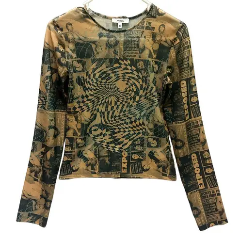 Miaou Graphic Mesh Top in Black and Tan Size M Brown Size M