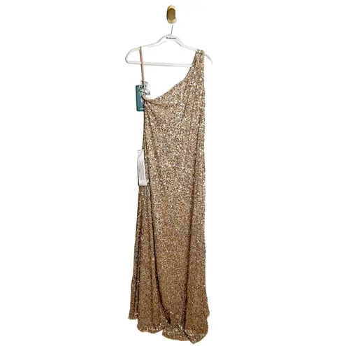 Mac Duggal NWT 10729M One Shoulder Sequin Dress Nude Gold Silver Maxi US 10