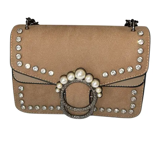 Unbranded Faux Suede Shoulder Bag Rhinestone Pearl Detail Chain Strap Brown Boho
