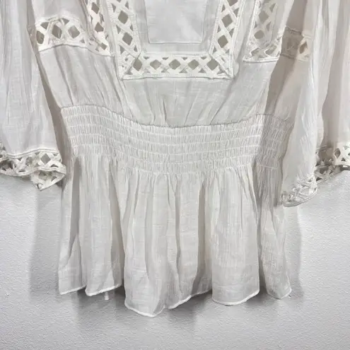 Alfani White Peasant Blouse Crochet Trim 3/4 Sleeve Top Size Small Coastal Beach