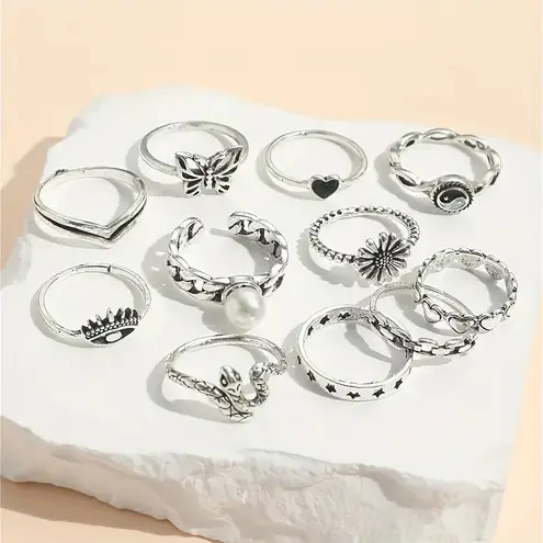 NEW 11pc Silver Stackable Rings, Snake Jewelry, Butterfly Ring, Eye Design